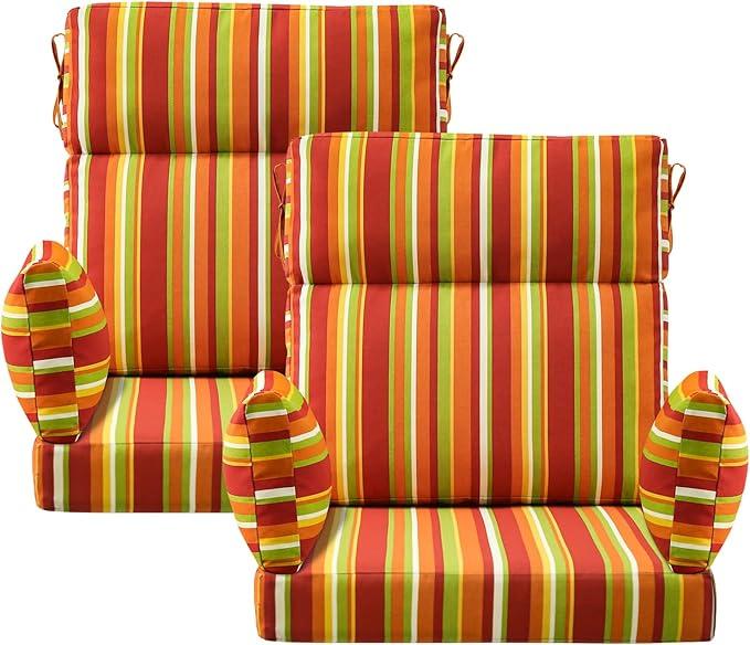 Outdoor High Back Chair Cushion, 2 Pack 48 x 24 inches Patio Chair Cushions Water Repellent Rocking Cushions Indoor Furniture Seat Pad with 2 Pillows, Rainbow Stripe