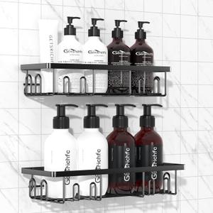 Adhesive Shower Caddy, Shower Shelves with 16 Hooks, Rustproof Shelf Wall Corner Racks for Inside Bath, No Drilling & Sleek Bathroom Organizers and Storage Caddies Soap Holder, 2 Pack