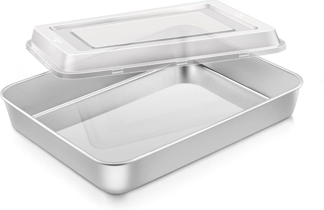 Onader Lasagna Baking Pan Set with Lid, Rectangle 10 x 8 x 2 Inch Stainless Steel Cake Brownie Pan, Non Toxic & Deep
