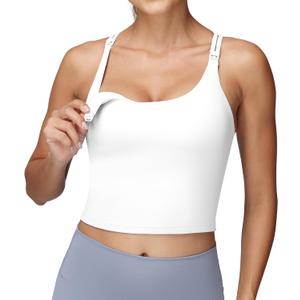 Foucome Nursing Tank Tops for Breastfeeding Longline Nursing Sports Bra Cross Back Workout Crop Top with Built in Bra (Small, White)