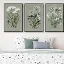 Vibrant Flowers Canvas Wall Art - White Floral Framed Wall Decor Aesthetic Spring Pictures Botanical Paintings Sage Green Art Prints for Living Room Bedroom Dining Room 16" X 24" X 3 Panels, 16" X 24" X 3pcs Framed