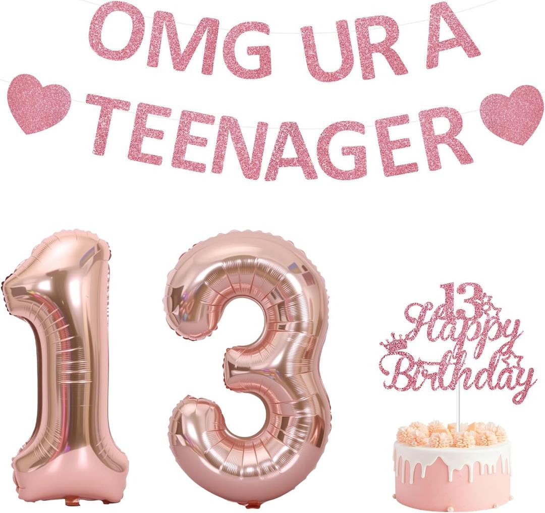 13th Birthday Decorations for girls,Rose Gold Glitter OMG UR A TEENAGER Banner, Happy 13th Birthday Cake Topper, Large 32" Foil Number Balloons