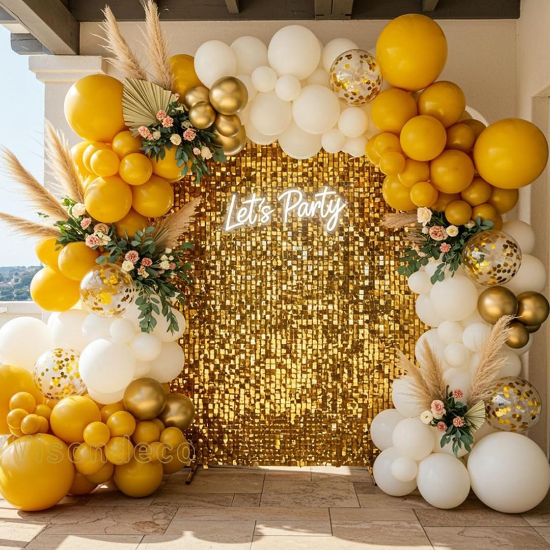 Yellow Balloon Arch Kit Double Stuffed Mustard Yellow, Ivory White & Gold Balloon Garland, 5/12/18 inch Balloons for Birthday, Baby Shower, Bee Party, Sunflower/Lemon/Daisy Theme Decorations