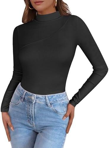 Caracilia Women Long Sleeve Shirts Mock Neck Ribbed Knit Lightweight Tight Tops 2025 Fall Slim Fitted Basic Tees Black Small