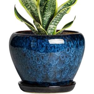 6 Inch Plant Pot - Ceramic Pots for Plants with Drainage Hole and Saucer, Round Succulent Planter Indoor Outdoor, Modern Flower Pot for Snake Plants, Home Decor, Gifts for Plant Lover, Blue
