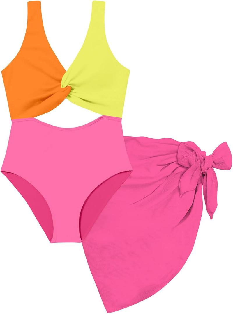 Funnycokid Girls One Piece Swimsuit Color Block Teen Bathing Suit with Pad Cover Up Skirt (7-16Y)