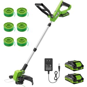 VARSK 20V String Trimmer Cordless, 12 Inch 2 in 1 Trimmer and Edger, Automatic Line Feed, Includes 2 X 2.0Ah Batteries/1 X Fast Charger/6 X Spare Spools, for Lawn, Garden, etc, Green