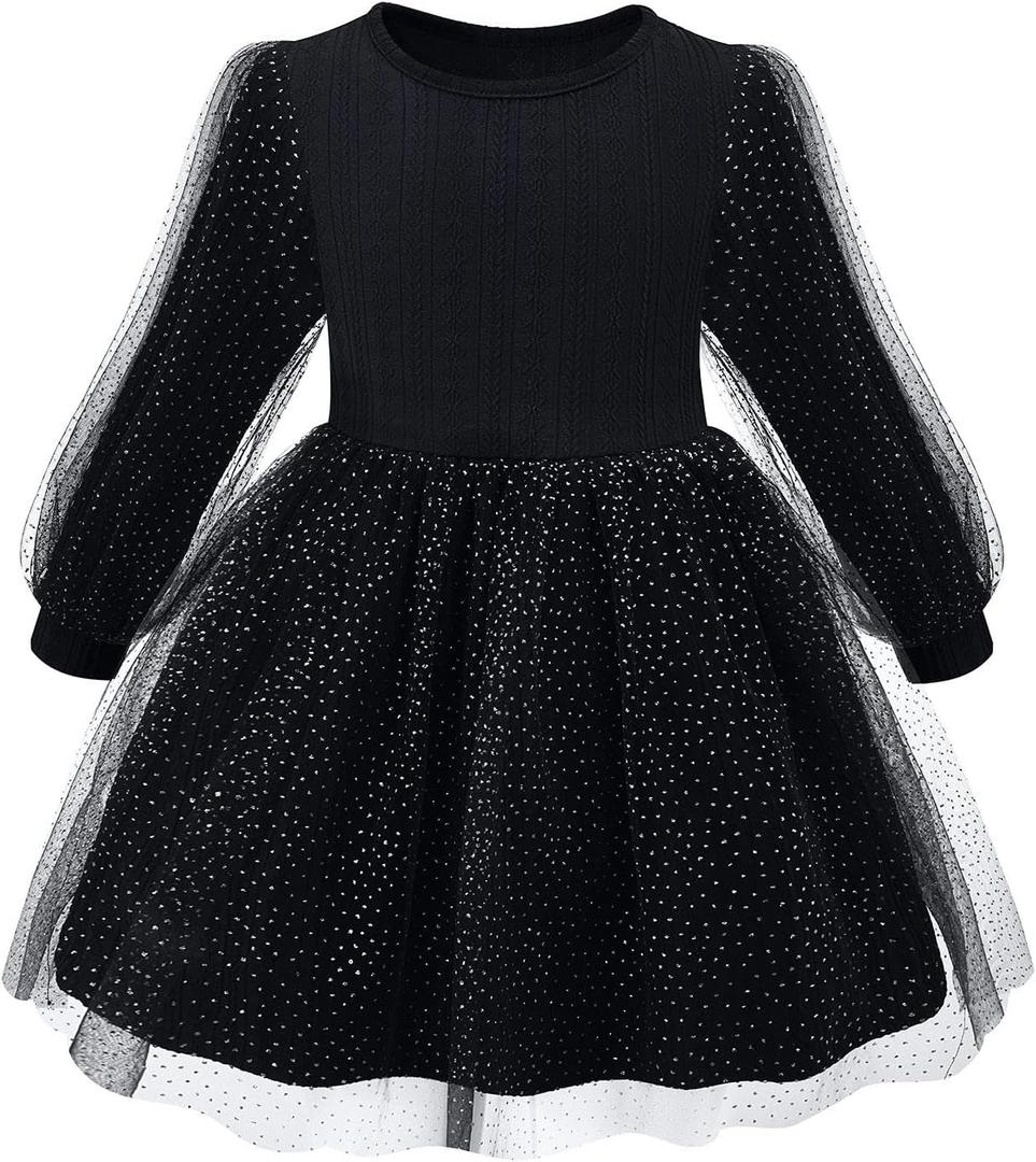 Little Bitty Girls Long Sleeve A-Line Tulle Princess Dress, Midi Length Casual Party Ribbed Knit Top Tulle Skirt 7 Years