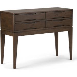 SIMPLIHOME Harper Console Table - 40 Inch Wide Solid Hardwood Sofa Table in Walnut Brown, Mid-Century Modern Storage Table for Entryway or Living Room with 4 Drawers, Notched Handles, and Tapered Legs