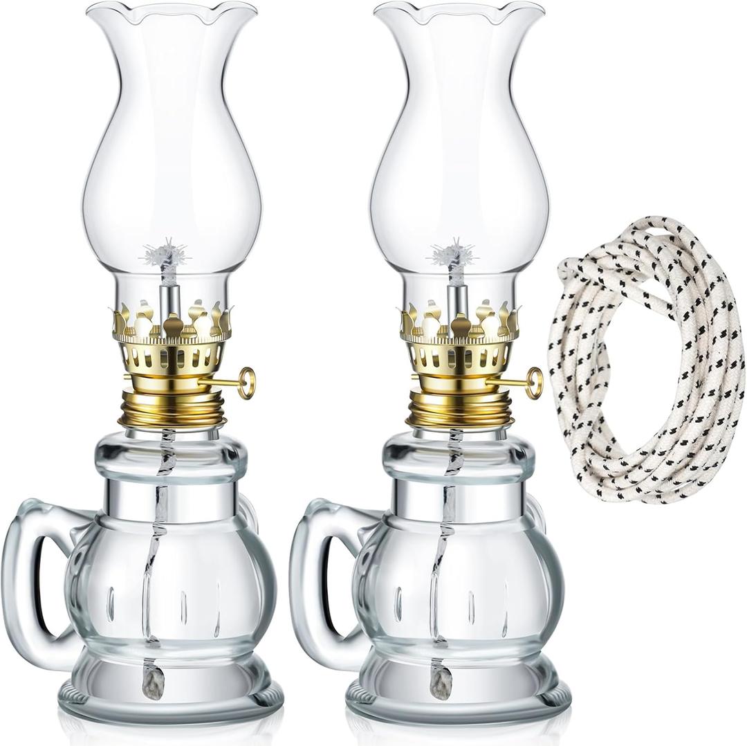 Yexiya 2 Pieces Rustic Oil Lamp Lantern Large Classic Kerosene Lamp Vintage Glass Kerosene with 6.6 ft Extra Oil Wick for Indoor Use Home Decor Lighting(Fresh)