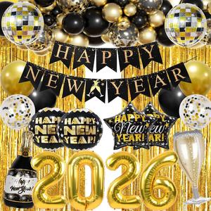 Happy New Year Party Decoration 2026 Foil Balloon Banner and Curtains Disco Balloons Champagne Balloon New Years Eve Black and Gold Party Supplies Decorations