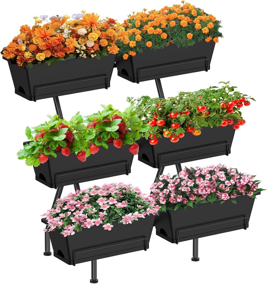 Sunexinlo 3-Tier Vertical Garden Planter with 6 Boxes, 31" Tall Raised Garden Bed with Adjustable Feet for Herbs, Flowers, Vegetables, Ideal for Indoor, Outdoor, Patio, Balcony, Deck Use, Black