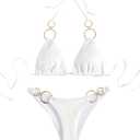 WDIRARA Women's Ring Halter Bikini Swimsuit 2 Piece Tie Back Bathing Suit, XX-Large, White