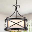 Modern Drum Chandelier for Dining Room, 6-Light Black Farmhouse Chandeliers | With White Linen Fabric Shade, 19.7" Round Pendant Light Fixture Adjustable Hanging Lights for Living Room Kitchen Entryway