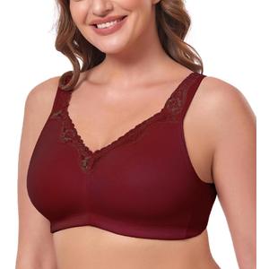 Women's Wireless Plus Size Lace Bra Full Coverage Unlined Minimizer Bra Comfort Cotton (46D, Winr Red)