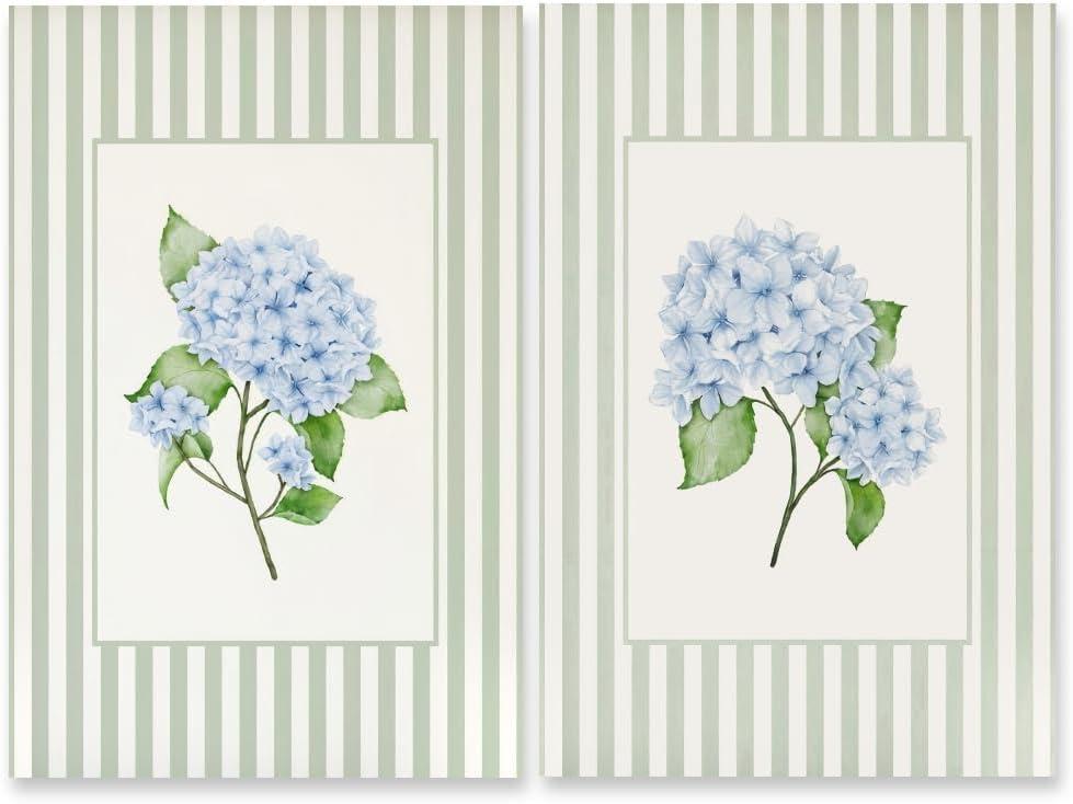 Green Striped Blue Hydrangea Wall Art Set French Country Floral Canvas Prints Vintage Grandmillenial Home Decor Botanical Poster Flower Picture Painting for Bedroom Kitchen 8x12inch Unframed (8L'' x 12W'', style-3 Unframed)
