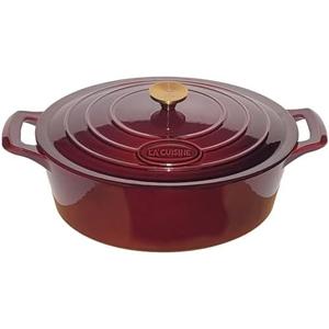La Cuisine Enameled Cast Iron Oval Dutch Oven Casserole Dish Pot with Lid 6.75 QT Internal Matt Black Enamel Coating for bread baking, Gold-Plated Stainless Steel Lid Handle, Oven Safe up to 500° F. Cranberry