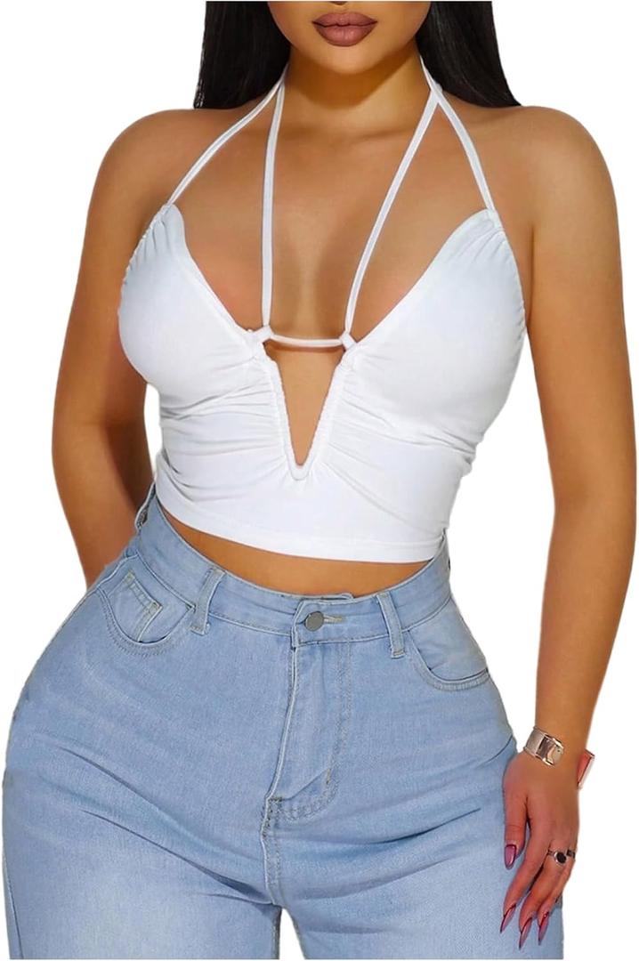 SOLY HUX Women's Tie Backless Halter Crop Top Y2k Cut Out Deep V Neck Party Rave Tops (White, M)