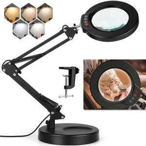 10X Magnifying Glass with Light, Krstlv Upgrade Button 5 Color Modes Stepless Dimmable 2-in-1 LED Lighted Desk Lamp & Clamp, Hands Free Magnifier with Light and Stand for Craft Hobby Repair Close Work (Black)