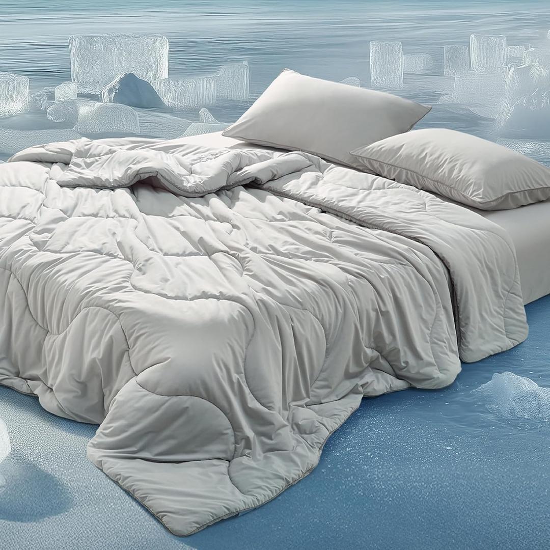 Bedsure Cooling Comforters Queen Size Set 4 Pieces, Grey Cooling Blanket for Hot Sleepers, Double-Sided Cool Tech Queen Bedding Set with Breathable Lightweight Comforter, Sheet & Pillowcases