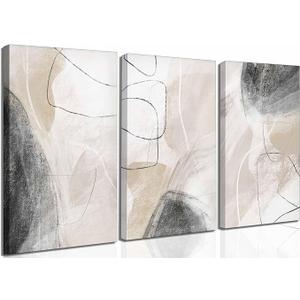 3Pcs Modern Abstract Canvas Wall Art Neutral Minimalist Boho Beige and Black Grey Geometric Line Nordic Picture Wall Decor Poster Print Artwork for Living Room Bedroom Office Home Decoration