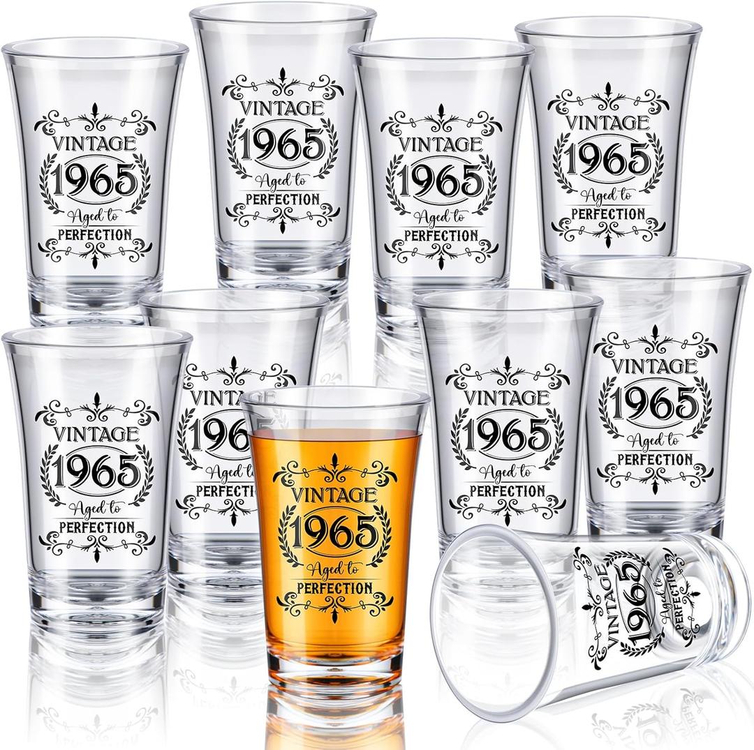 Sliner 48 Pack Birthday Shot Glasses Bulk, 1.4oz Plastic Vintage Birthday Party Favors for Guests, Mini Cheers 40/50/60 to Years Black Shot Glass, Birthday Decoration Gift(Vintage 1965)