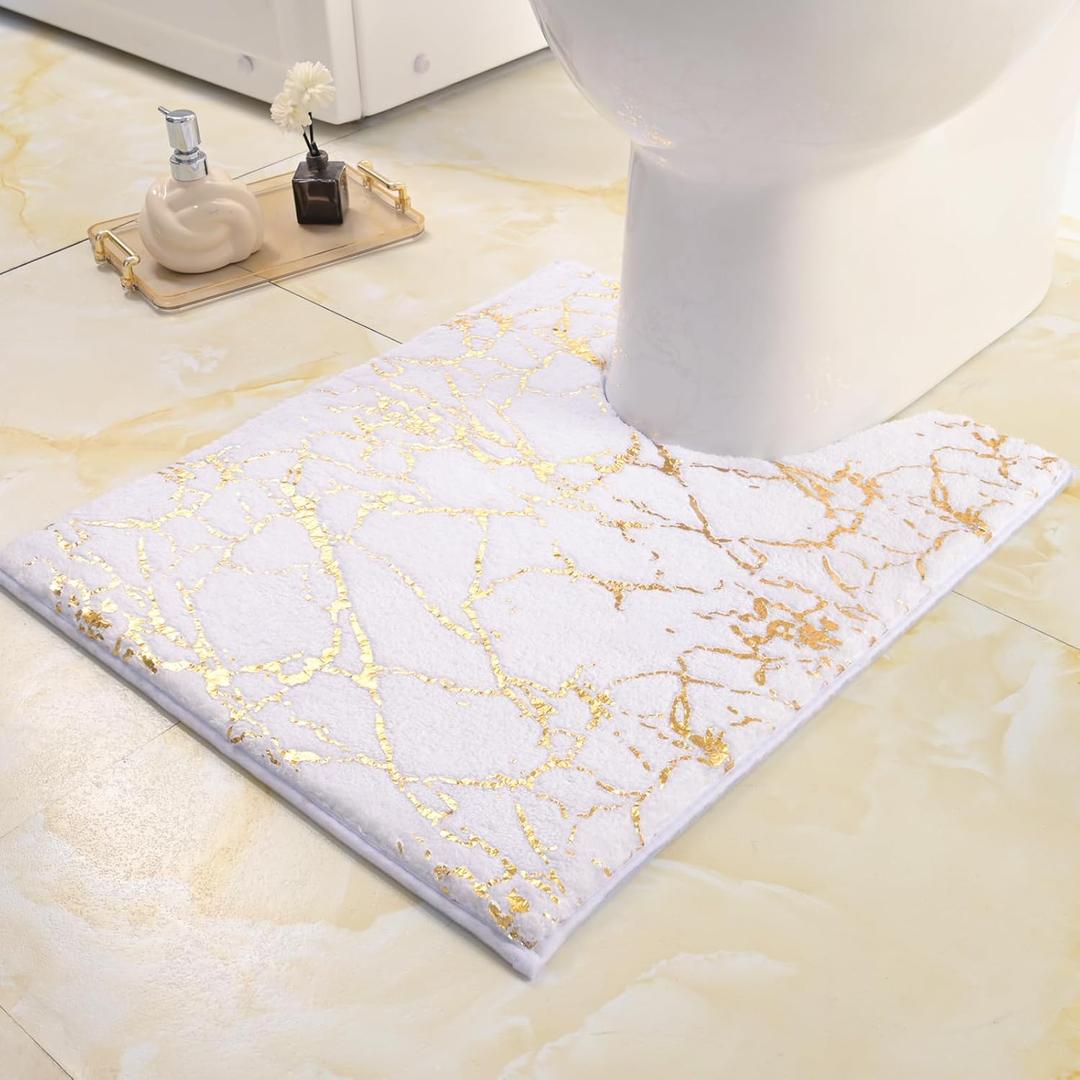 QJHOMO Toilet Rugs U Shaped White and Gold Bathroom Rugs, Gold Decor Toilet Mat Contour Bath Rug Marble Bathroom Accessories, Extra Thick Carpet Non Slip Floor Mats Machine Washable (20x24 inch)