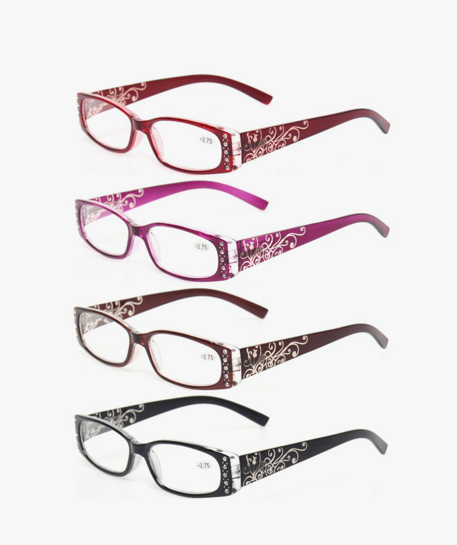 Kerecsen 4 Pairs Ladies Reading Glasses Spring Hinge with Laser Pattern Readers,+3.00