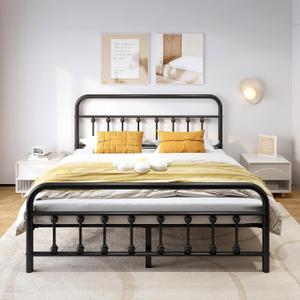 Vengarus Metal Bed Frame, 14 Inch Tall, Structurally Stable Heavy Duty Steel Slat Supported, with Victorian Vintage Headboard and Footboard, Under Bed Storage, No Box Spring Needed, Queen, Black