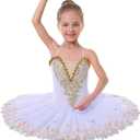 AFAVOM Ballet Leotards for Girls with Platter Tutu Professional Hard Organdy Camisole Skirt Swan Lake Feather Hem Dancewear (11-12 Years, White)