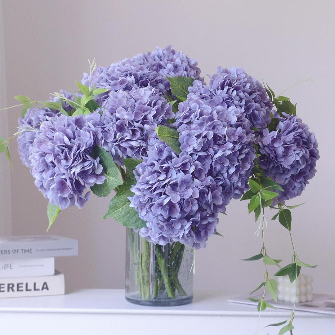 Buart 3PCS Long Stem Big Size Flowers Artificial Silk Hydrangea Lifelike Flowers Real Touch Purple Artificial Flowers Wedding Shower Bride Bouquets Office Living Room Table Decorations (21 Inch)