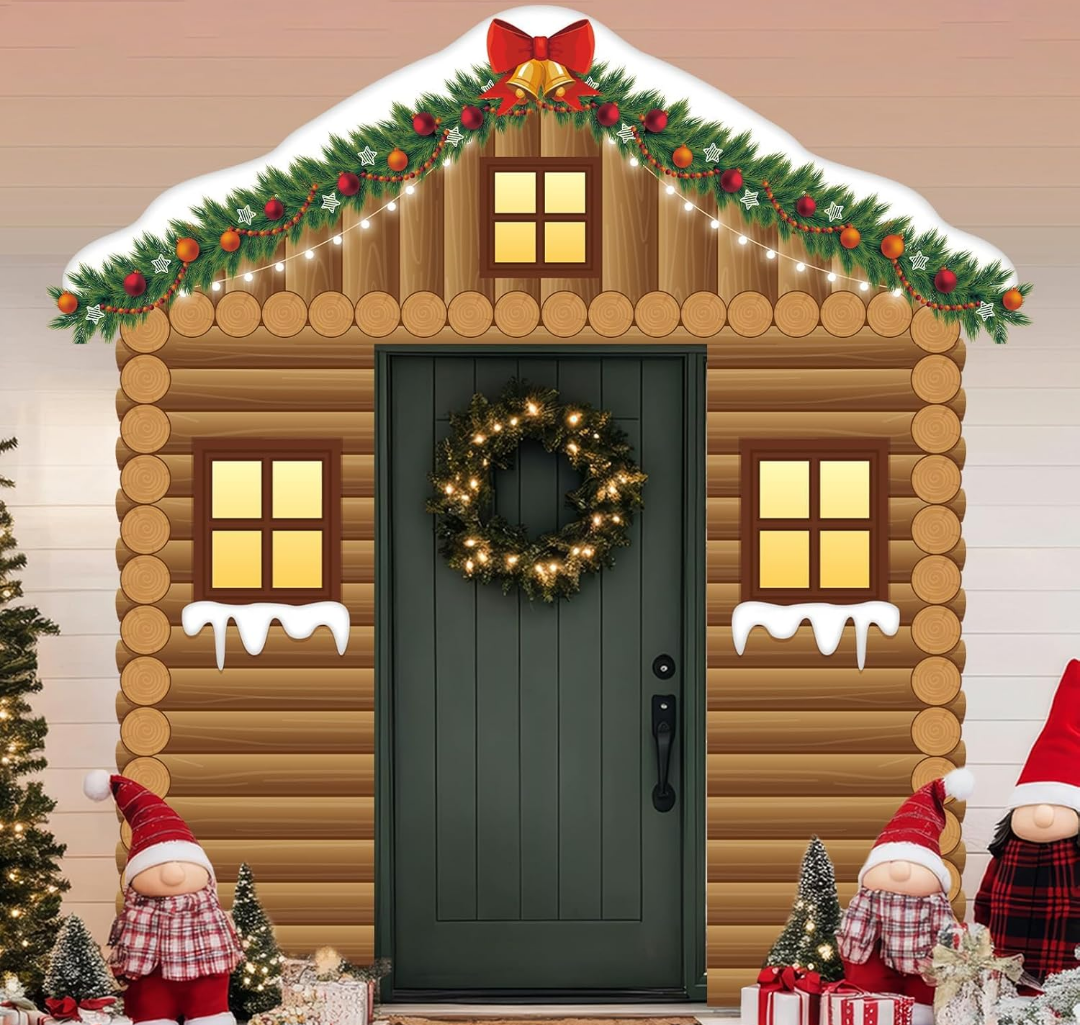 Christmas Wooden House Porch Sign Banners Rustic Wood Cabin with Christmas Wreath Photography Backdrop Xmas Party Photo Props Doors Hanging Banners Backdrop for Home Holiday Party Decoration Supplies