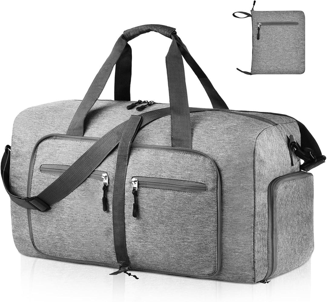 Dimayar 65L Travel Duffle Bag for Men Women - Foldable Duffel Bag with Shoes Compartment - Overnight Bags Waterproof & Tear Resistant(Gray) (Grey)