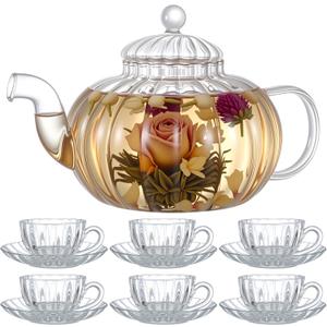 Glass Teapot Set 34 Oz/1000 ml Tea Kettle with Removable Infuser Tea Cups and Saucers Set of 6 Borosilicate Glass Pot for Blooming & Loose Leaf