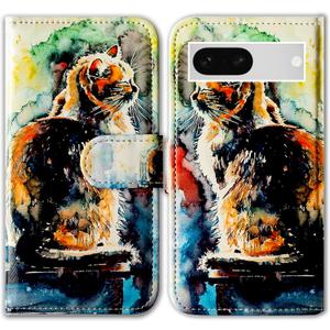 Case for Pixel 7a,Cute Cat Painting Leather Flip Phone Case Wallet Cover with Card Slot Holder Kickstand for Google Pixel 7a