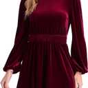 Allegra K Velvet Dresses for Women's Smocked Waistline Long Sleeve Wedding Guest Dress (X-Large, Red)