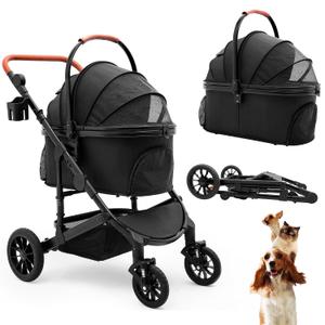 Bicystar Pet Stroller for Medium Dogs, Smooth-Ride Dog Stroller with Detachable Carrier, Rubber Wheels, Car Seat Combo 3-in-1, Up to 50 lbs, for Senior Dogs & Cats, Black