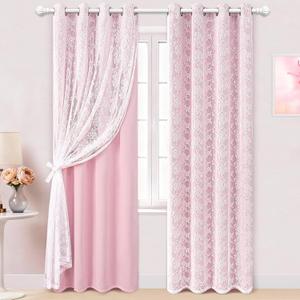 Yinhua Pink Curtains for Girls Room Double Layer Blackout Curtains for Bedroom 84 Inches Long Nursery Curtain for Living Room, Grommet Drapes with Tiebacks, 52" W x 84" L