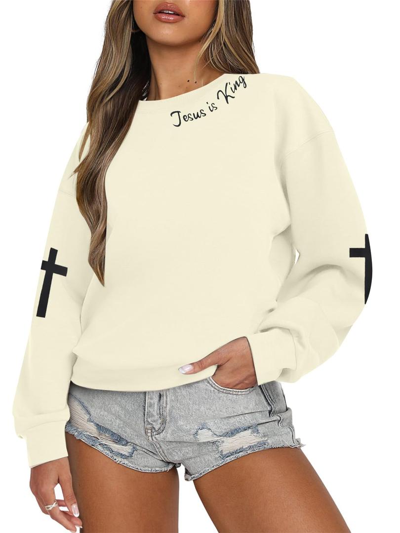 Oversized Christian Sweatshirts for Women Jesus is King Sweatshirt Faith Shirt Bible Verse Religious Pullover Tops Apricot (Beige, L)