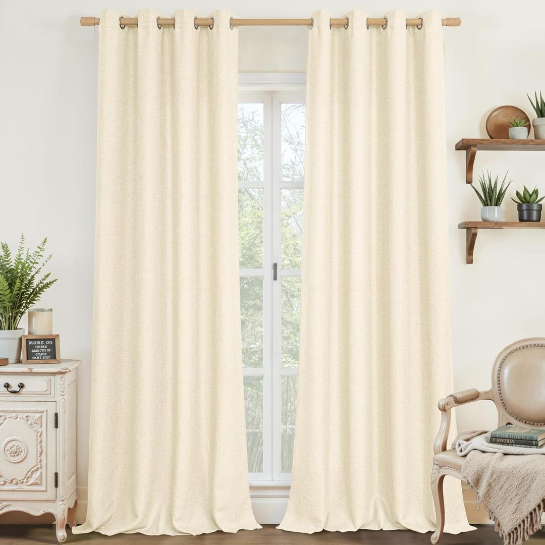 LAMIT 95 Inch Light Beige Linen Textured Curtains for Bedroom, Grommet Thermal Insulated Thick Curtains Light Filtering Panels for Living Room/Outdoor/French Door, Set of 2 Panels, W52 x L95