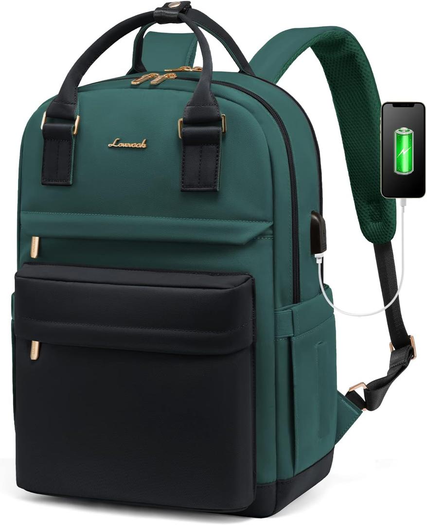 LOVEVOOK Laptop Backpack for Women 15.6 Inch Laptop Bag with USB Port, Fashion Waterproof Backpacks Teacher Nurse Stylish Travel Bags Vintage Daypacks for College Work (Black & Green)