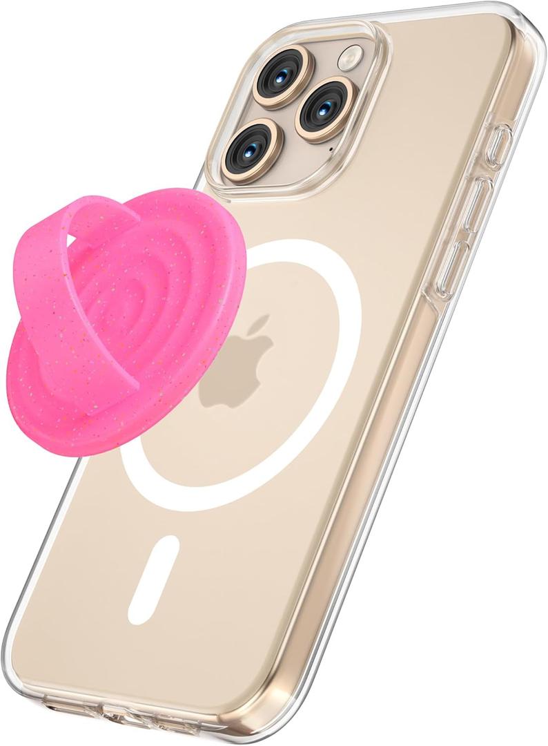 Magnetic Phone Grip Holder Compatible with MagSafe, Ultra Thin Silicone Finger Loop Ring Magnetic Grips for Back of Phone for iPhone Pro Max/Plus/16/15/14/13/12 Series, Neon Pink+Sparkle