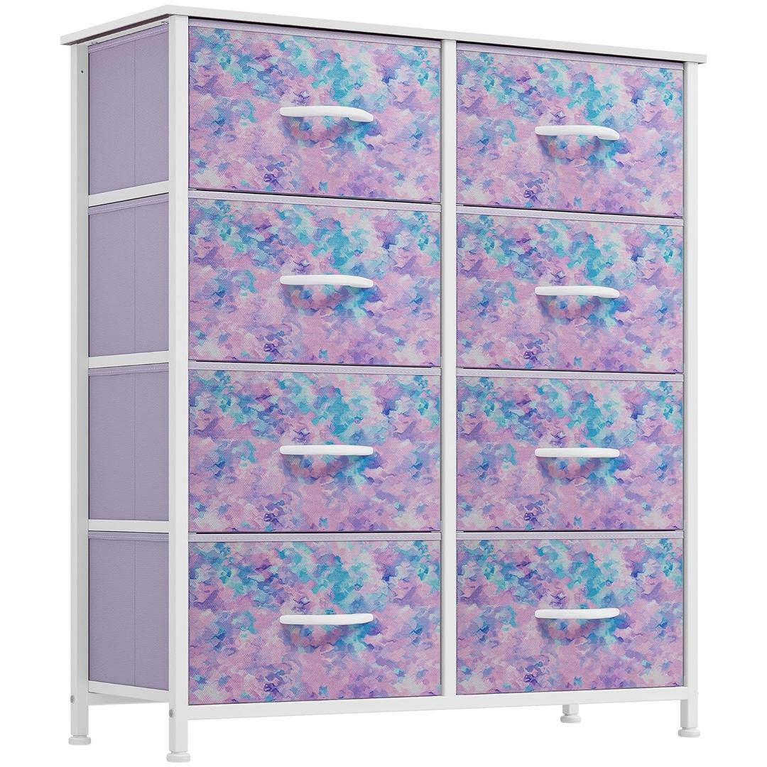 YITAHOME Fabric Dresser Drawer, Tall Storage with 8 Drawers, Dresser & Chest of Drawers, Storage Drawer Organizer for Closet, Living Room, Closets (Tie-dye Purple Print)