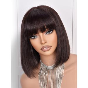 Bob Wigs Human Hair 210% Density bob Wig with Bangs Dark Brown 100% Human Hair Wigs for Black Women Pre-Bleached Glueless Straight Bob Wigs(10InchDark Brown wig)