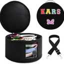 Chenille Letter Bow Mouse Ears Travel Case,Large Round Tiara Tote Storage Box,Headband Ears Display Storage Box with Shoulder Straps for Hairband,Tiara and Hair Accessories Storage Travel Picnic Park, Black Chenille Letters