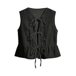 SHENHE Women's Y2k Tie Front Denim Vest V Neck Ruffle Hem Sleeveless Peplum Jean Top Shirt Black, Large
