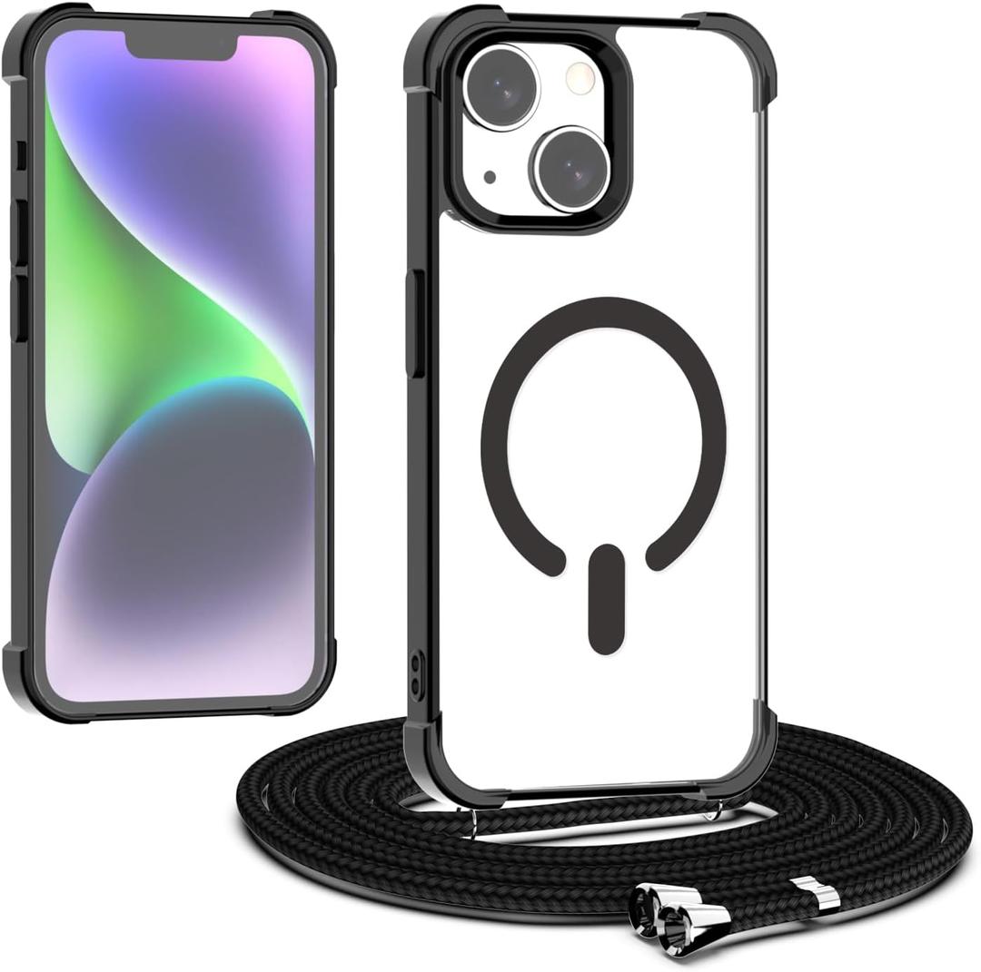 Magnetic Crossbody Lanyard Case for iPhone 13/14, Ultra Clear Case Compatible with MagSafe Shockproof with Strap Adjustable Neck Cord Necklace Cover for iPhone 13/14-Black