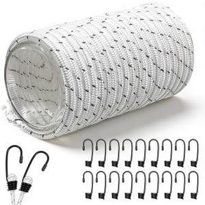 Heavy Duty Bungee Cord with 20 Hooks - 5.8mm Thick Polyester Elastic Shock Cord Kit for Outdoor Camping, Tarp Tie Downs, Kayak Deck, Bike Rack, Roof Rack, and DIY Projects (1/4" x 164ft)