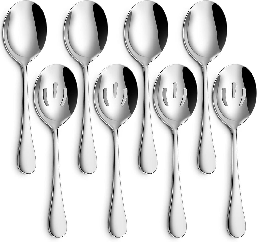 Hiware 8-Piece Serving Set - Includes 4 Spoons and 4 Slotted Spoons, 18/8 Stainless Steel Buffet Utensils - Mirror Polished, Dishwasher Safe, 8.6-Inch