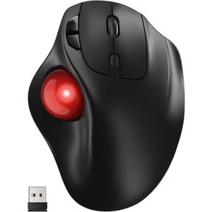 Ergonomic Wireless Trackball Mouse, 3 Device Connection (Bluetooth or 2.4G USB Receiver) Bluetooth Quiet Computer Mouse, 2*AAA Battery Thumb Laptop Mice with 5 Level DPI for PC/Laptop/Mac/Windows Red